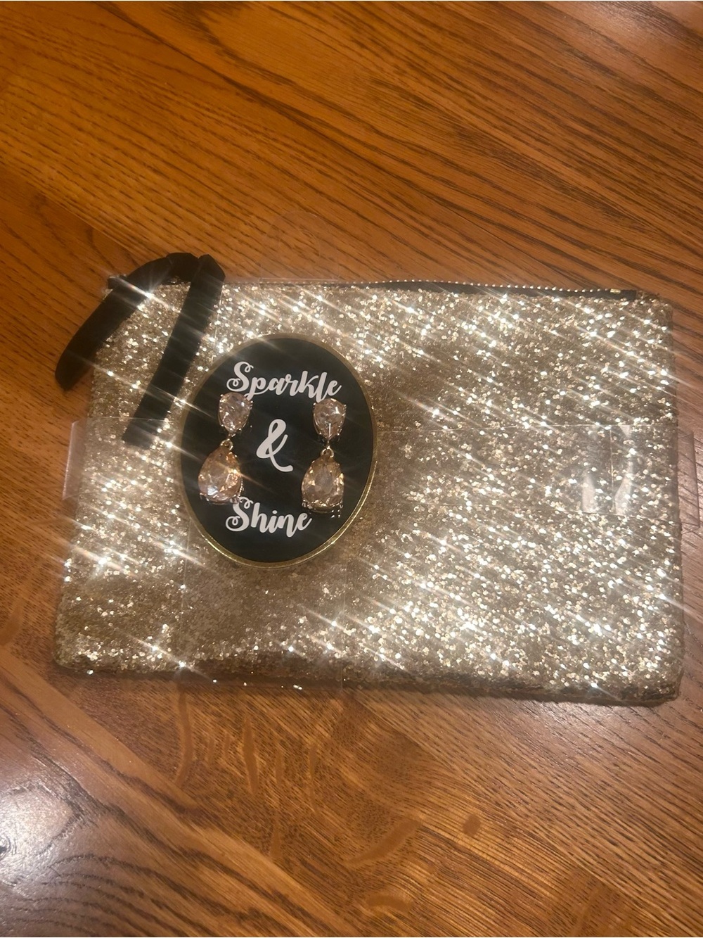 Gold Glitter Accessory Pouch Bag with teardrop Earrings